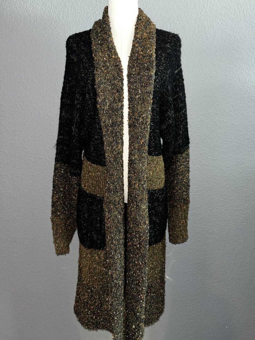 NWT CHICO'S JOSIE Boucle Knit Duster Cardigan Sweater Colorblock Pockets -Large